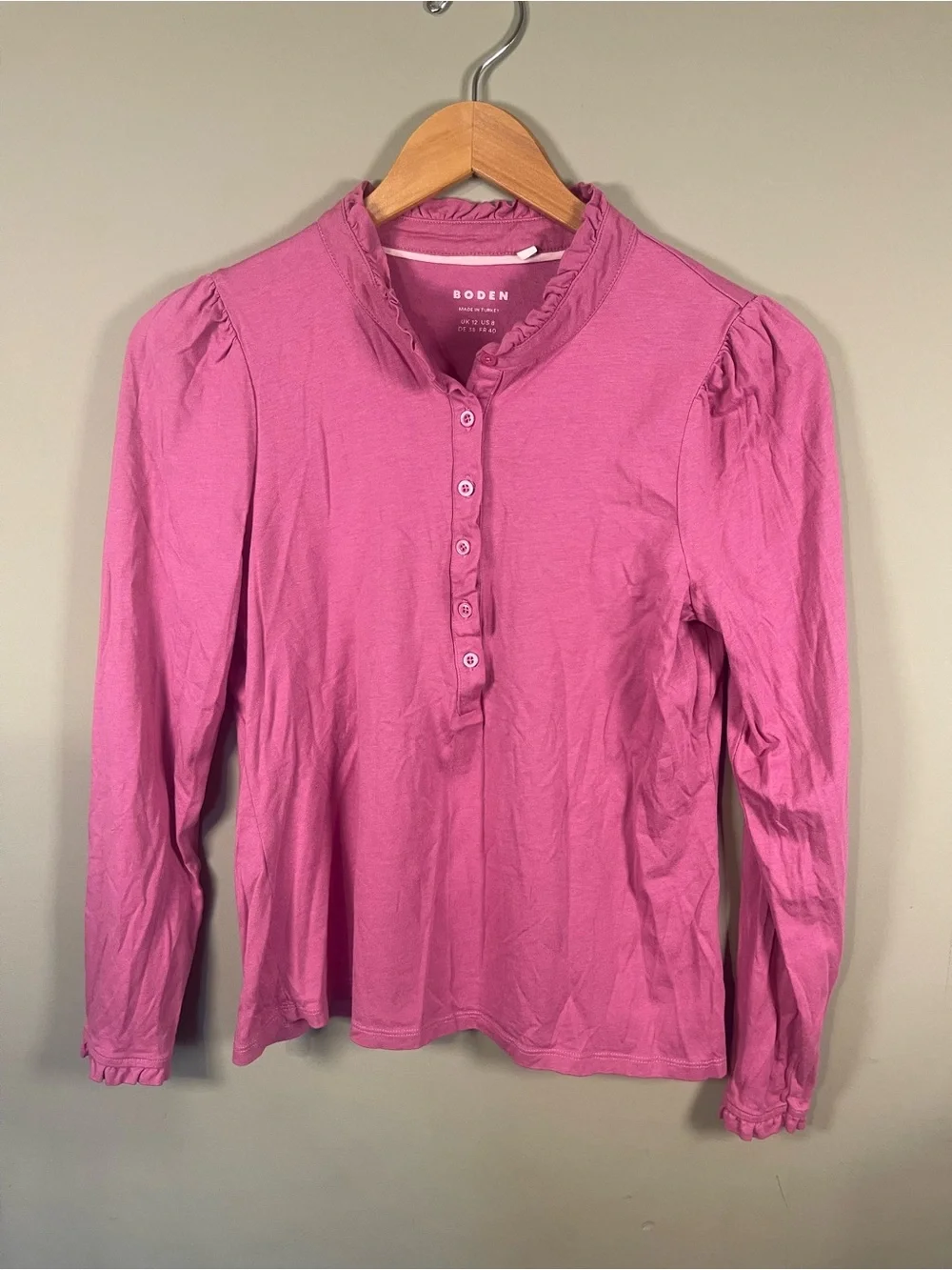 Boden Pink Supersoft Frill Henley Long Sleeve Top-US 8